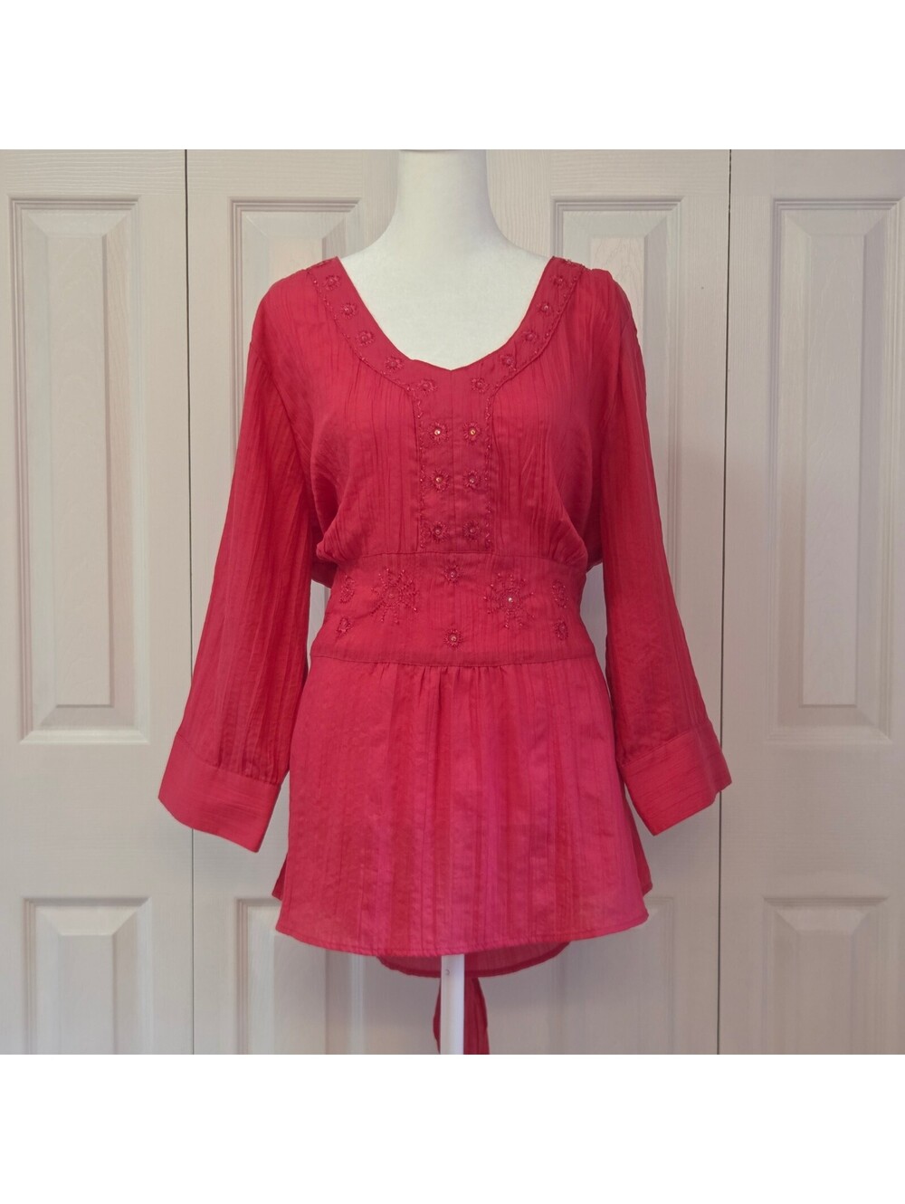 Red Beaded Embroidered Tie Back Tunic Blouse Top Vintage Y2K Boho Cato Size XL